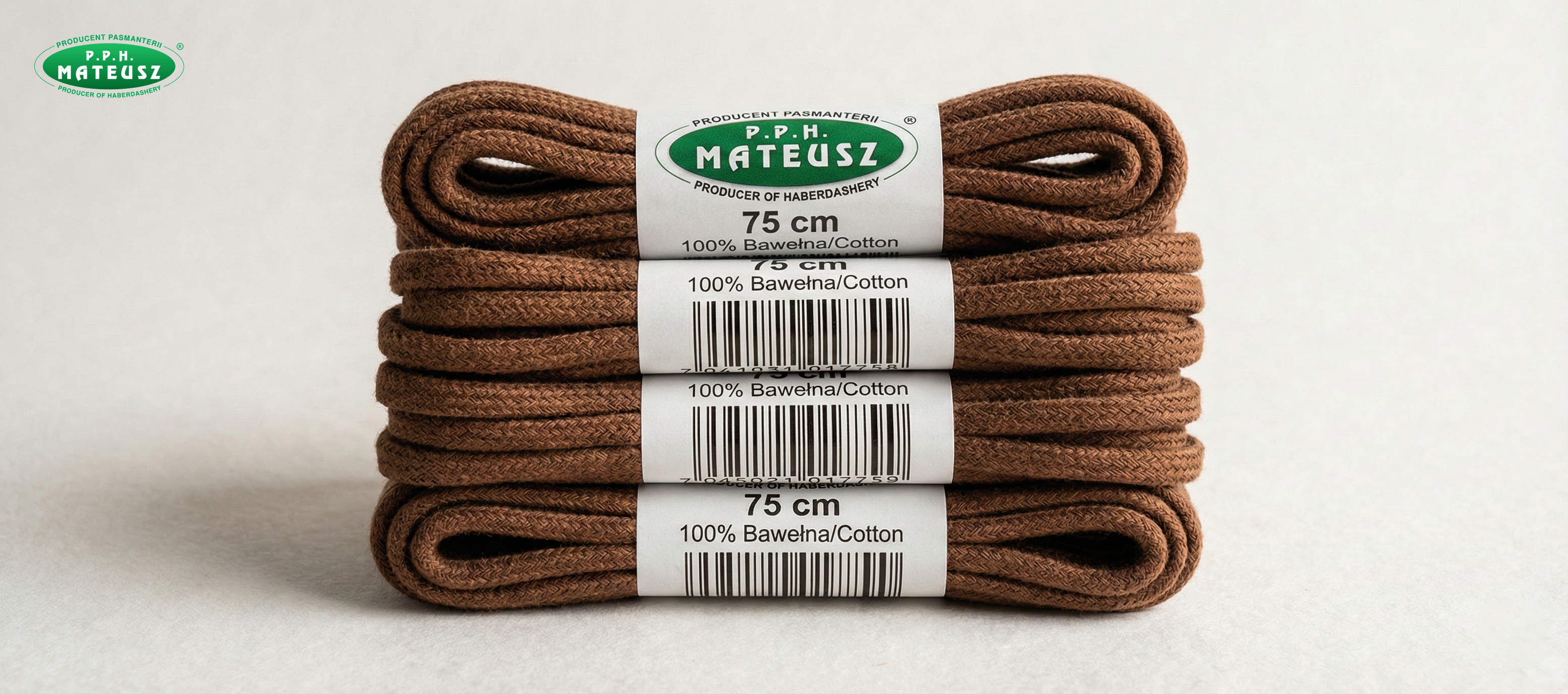 Brown retail-packaged shoelaces for footwear shops